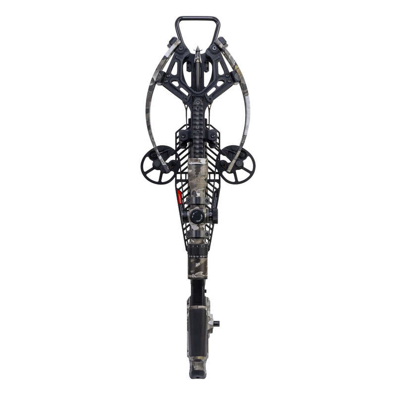 A crossbow with a black and camouflage patterned stock, shown from a front-facing perspective on a solid white background.