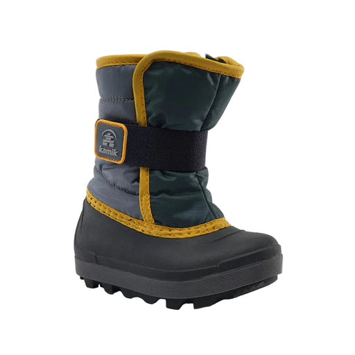 Children's snow boot with green and yellow accents on a white background