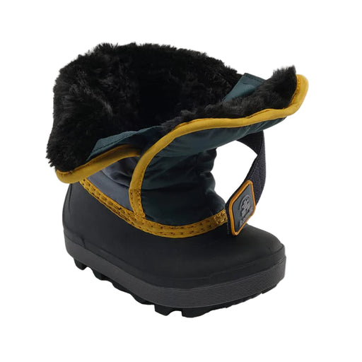 Children's snow boot with black fur lining and yellow accents on a white background