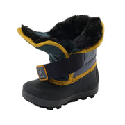 Child's winter boot with black fur lining, yellow accents, and a visible brand logo on a white background.