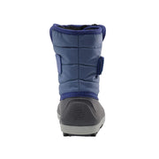 Blue winter boot with gray sole on a white background