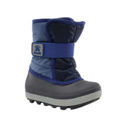 Blue and gray winter boot with a visible brand logo on a light gray background