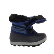 Blue and black winter boot with fur trim on a white background
