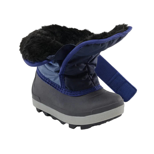 Gray winter boot with blue trim and black fur on a light gray background