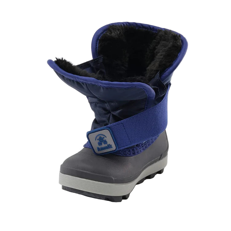 Blue and gray winter boot with fur lining on a white background