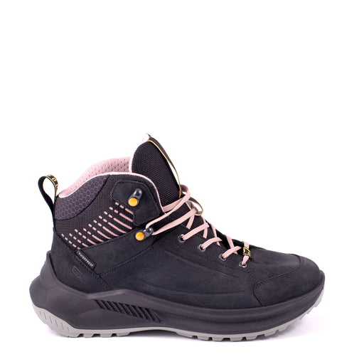 A black hiking boot with pink details on a white background