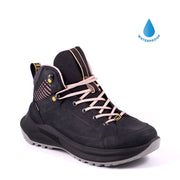 A black hiking boot with pink details on a white background