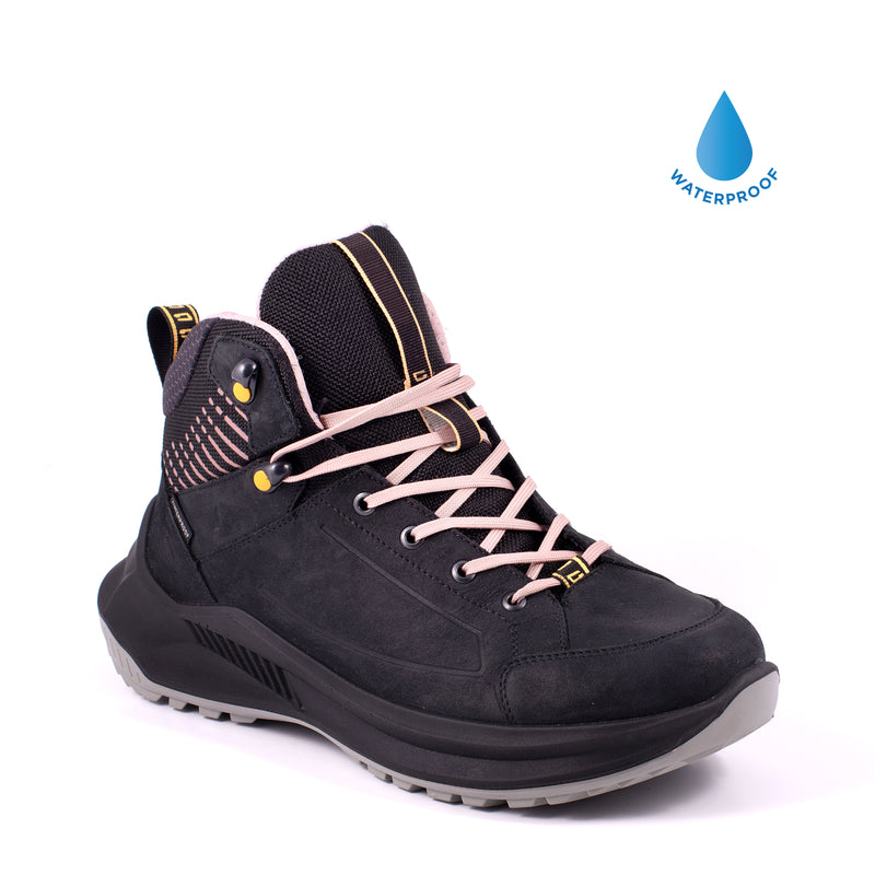 A black hiking boot with pink details on a white background