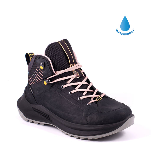 A black hiking boot with pink details on a white background