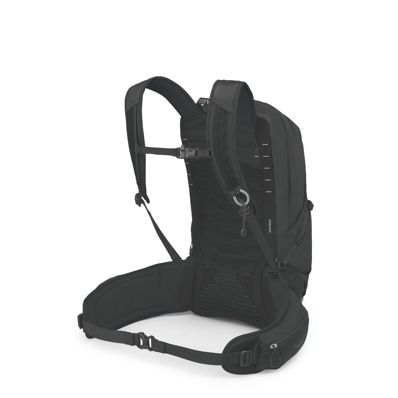 Black hiking backpack shown from the back view on a solid white background.