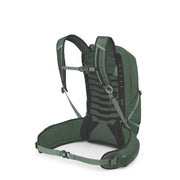 A green technical backpack shown from the rear three-quarter view, featuring a padded hip belt, shoulder straps, and a breathable mesh back panel, set against a plain white background.