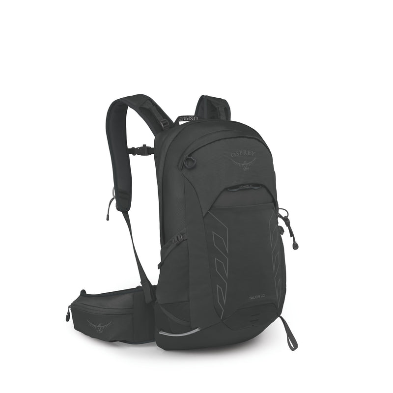 A black Osprey backpack shown from a three-quarter rear angle, featuring a side pocket and padded shoulder straps, on a clean white background.