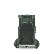 The rear view of an Osprey backpack in a dark forest green color, showing the padded backrest, hip belt, and compression straps against a solid white background.