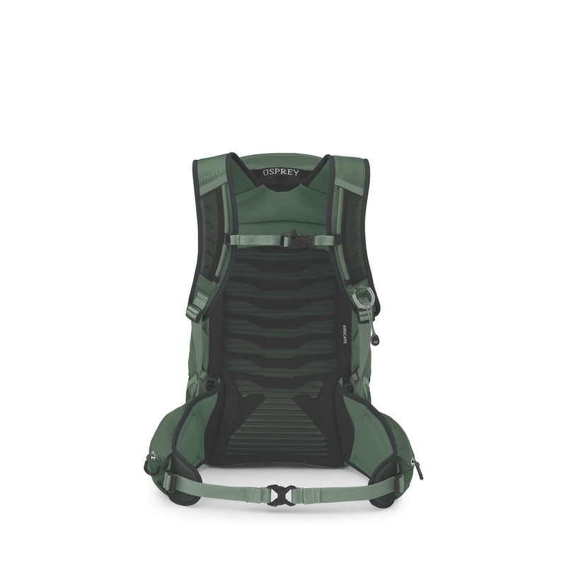 The rear view of an Osprey backpack in a dark forest green color, showing the padded backrest, hip belt, and compression straps against a solid white background.