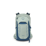 An Osprey Talon 22 backpack in a light sage green and navy blue colorway, shown from the front on a clean white background.