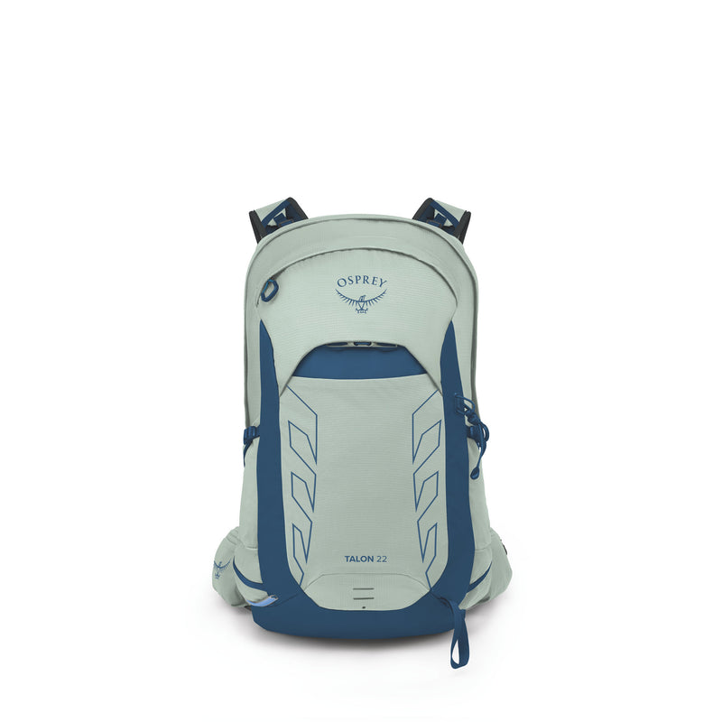 An Osprey Talon 22 backpack in a light sage green and navy blue colorway, shown from the front on a clean white background.