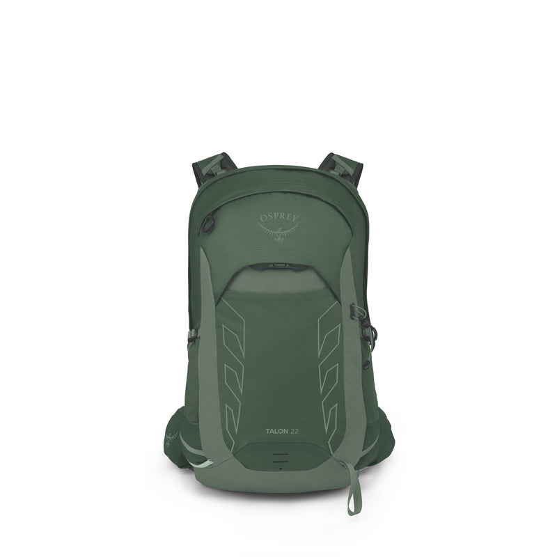 An Osprey Talon 22 backpack in a dark forest green color, shown from the front against a plain white background.