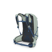 A light sage green and black hiking backpack shown from the rear three-quarter view, featuring blue straps and accents, on a solid white background.
