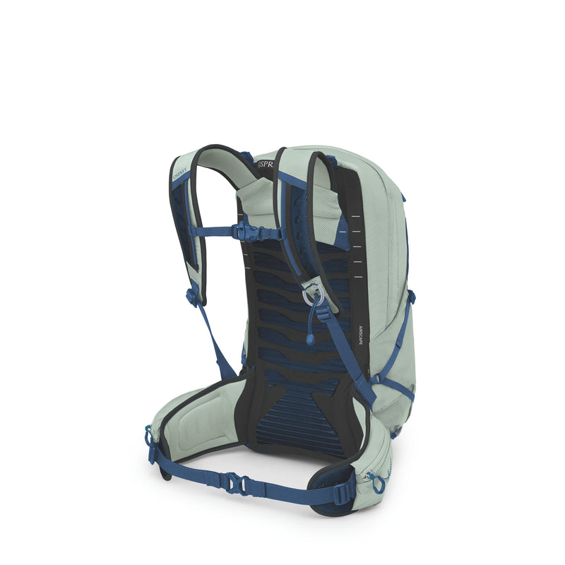 A light sage green and black hiking backpack shown from the rear three-quarter view, featuring blue straps and accents, on a solid white background.