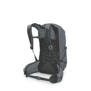 A gray and black hiking backpack shown from the back on a clean white background, displaying the padded shoulder straps, ventilation mesh back panel, and hip belt.