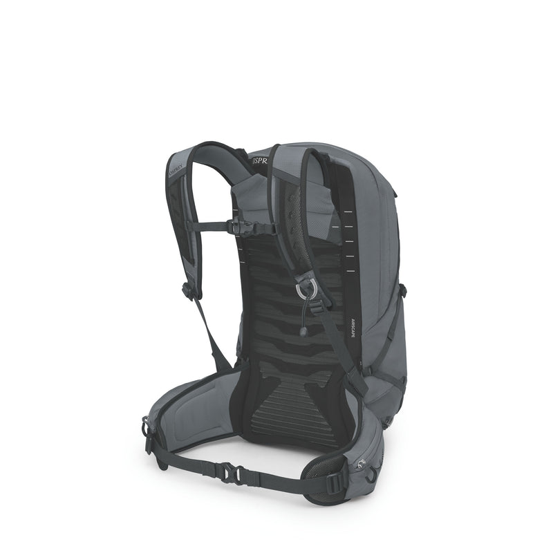 A gray and black hiking backpack shown from the back on a clean white background, displaying the padded shoulder straps, ventilation mesh back panel, and hip belt.