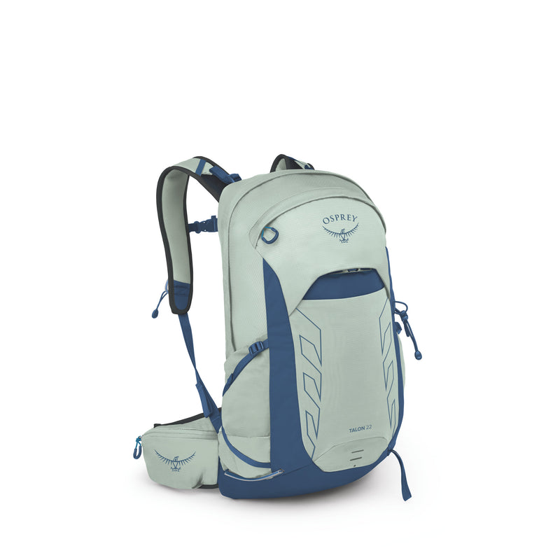 Light green and blue Osprey backpack on a white background