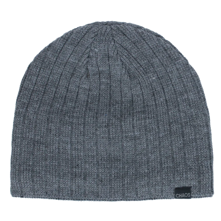 Light grey beanie against a white background. 
