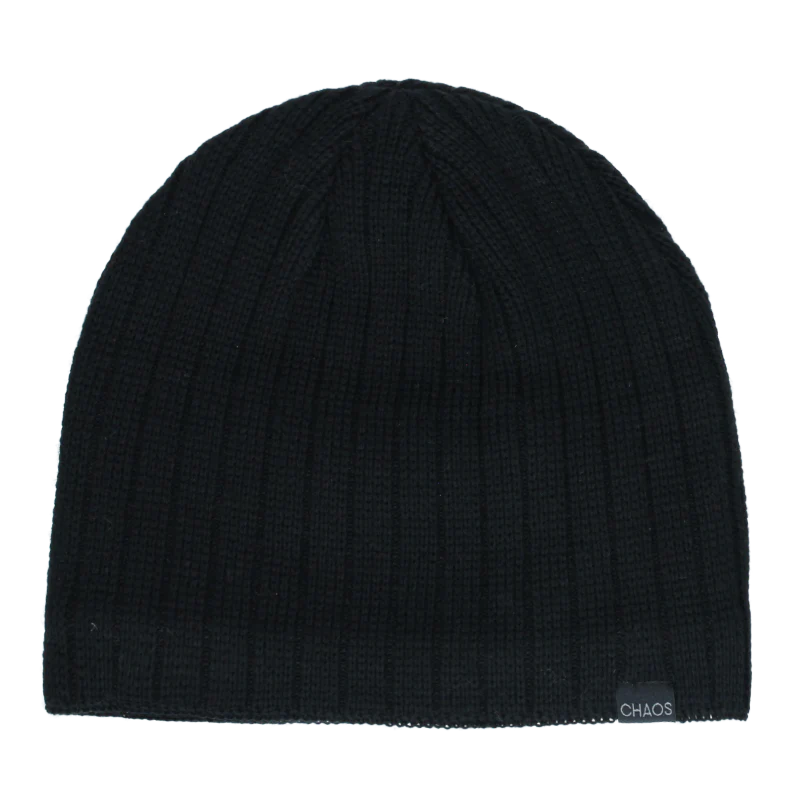 Black beanie against a white background. 