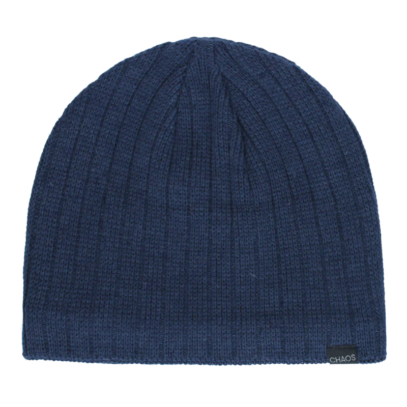 Dark blue beanie against a white background. 