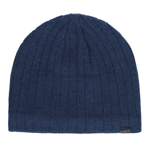 Dark blue beanie against a white background. 