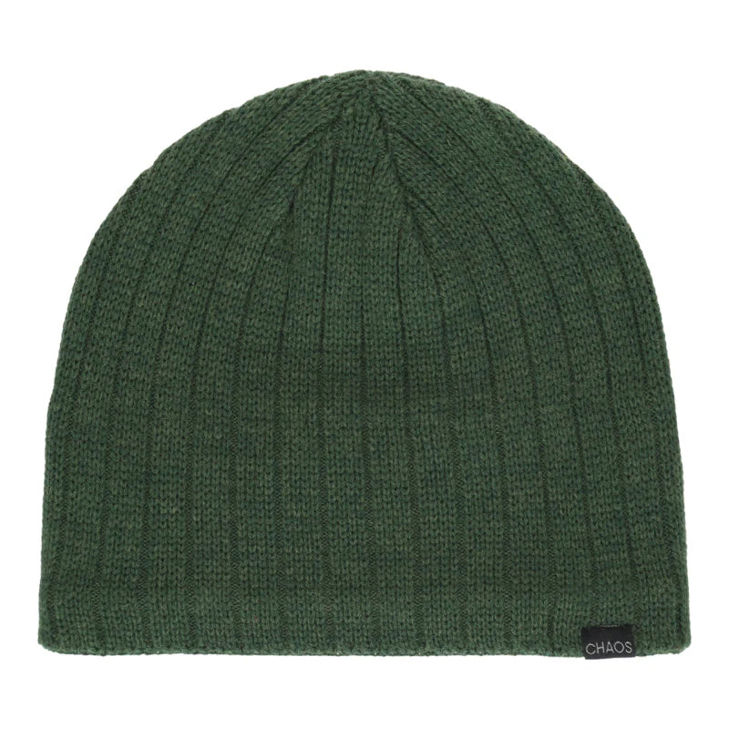 Dark green beanie against a white background. 