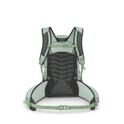 The back view of an Osprey backpack in a light sage green and black colorway, shown on a clean white background.
