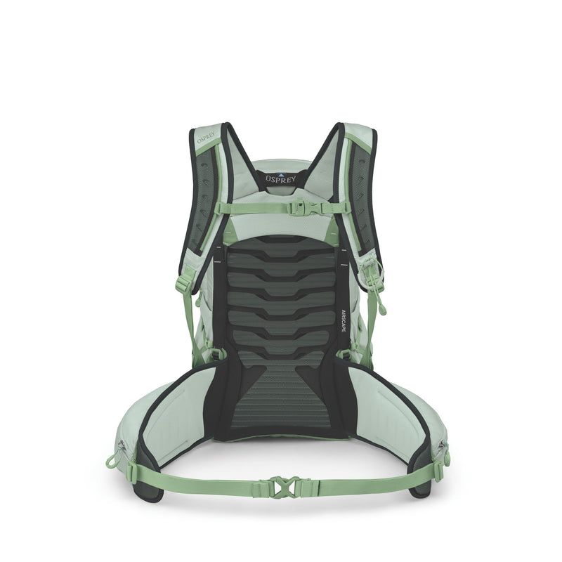 The back view of an Osprey backpack in a light sage green and black colorway, shown on a clean white background.