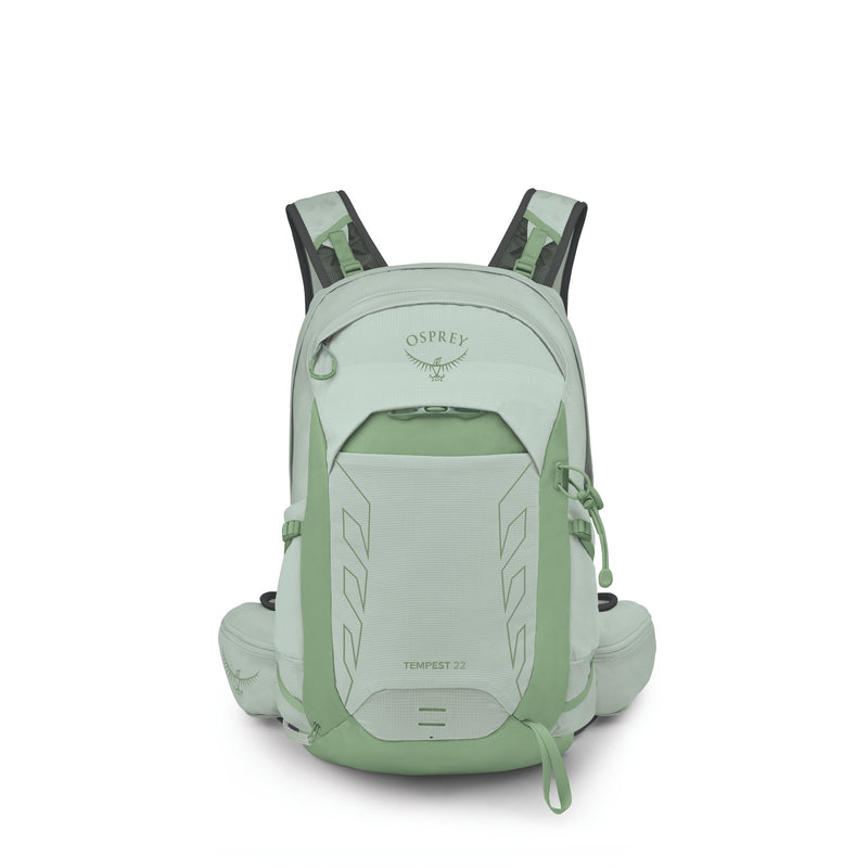 An Osprey Tempest 22 backpack in a light sage green color, shown from the front against a solid white background.