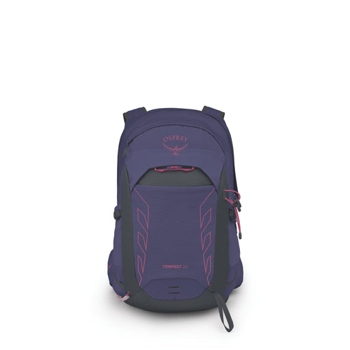 An Osprey Tempest 22 backpack in deep purple with pink accents and dark gray trim, shown from the front on a white background.