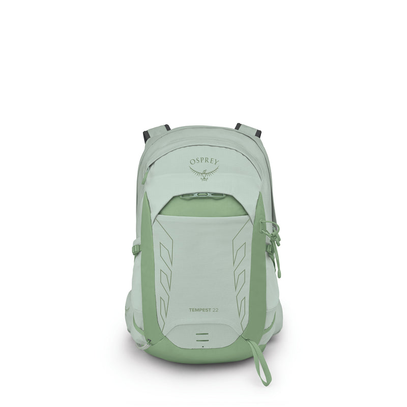 An Osprey Tempest 22 backpack in a light sage green color, shown from the front on a clean white background.