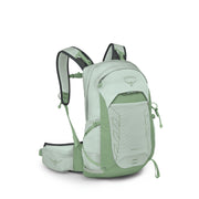 An Osprey backpack in a light sage green and white colorway, shown from a three-quarter angle against a plain white background.