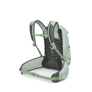 A light sage green and black hiking backpack shown from a rear three-quarter view against a plain white background.