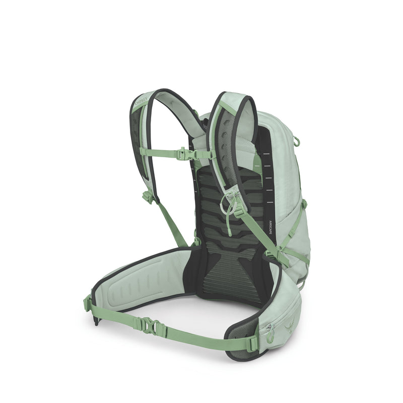 A light sage green and black hiking backpack shown from a rear three-quarter view against a plain white background.