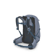 A gray and navy blue hiking backpack shown from the rear three-quarter view, highlighting the padded backrest, shoulder straps, and compression buckles against a plain white background.