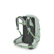 A light sage green and black hiking backpack shown from the back, featuring padded shoulder straps, a breathable back panel, and adjustable waist straps, set against a plain white background.