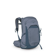 Dusty blue backpack with Osprey logo on a white background