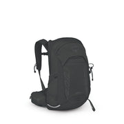 A black Osprey backpack shown from a three-quarter front view on a clean white background.
