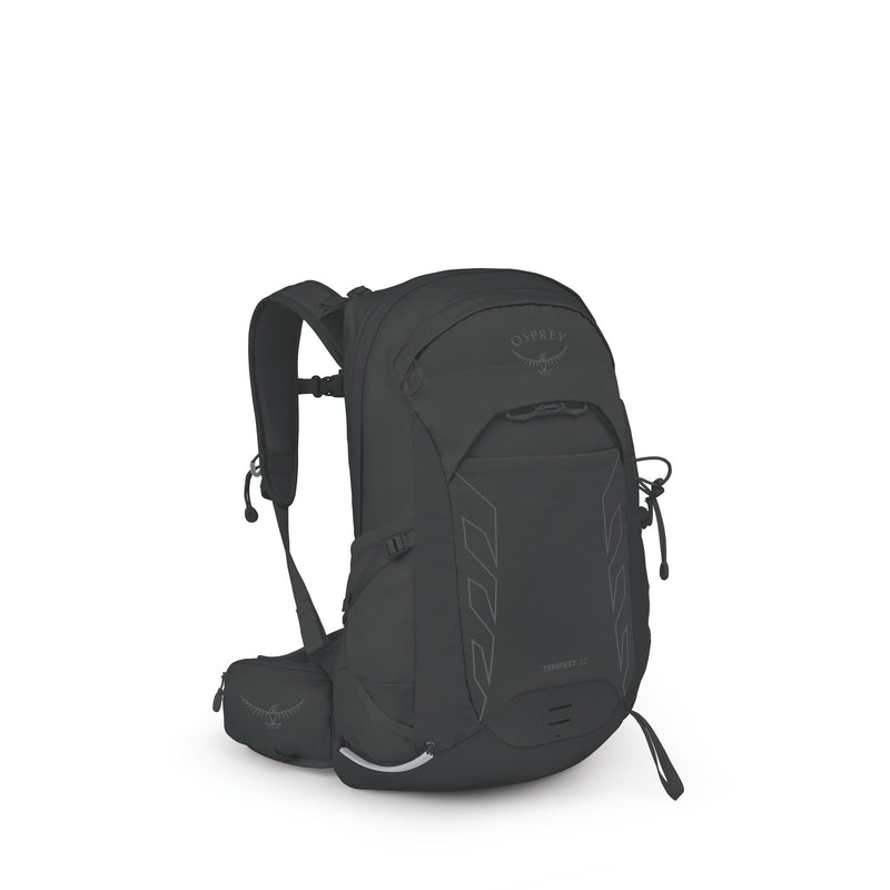 A black Osprey backpack shown from a three-quarter front view on a clean white background.