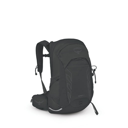 A black Osprey backpack shown from a three-quarter front view on a clean white background.