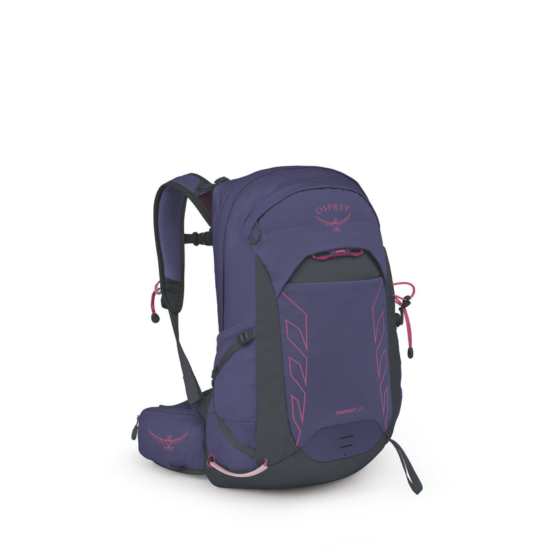 An Osprey backpack in deep purple with dark gray accents and pink logo details, shown on a clean white background.
