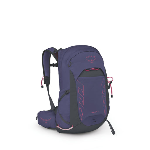 An Osprey backpack in deep purple with dark gray accents and pink logo details, shown on a clean white background.