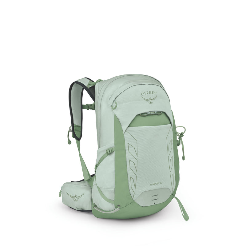 An Osprey Tempest 22 hiking backpack in a light sage green color, shown from a three-quarter angle against a plain white background.