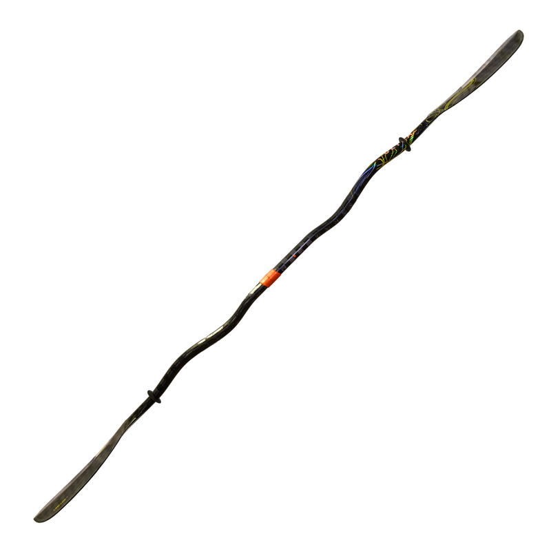 Side view of a black kayak paddle on a white background.