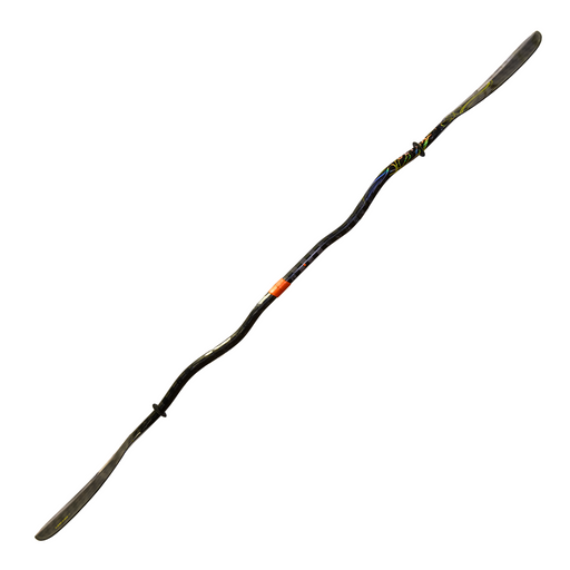 Side view of a black kayak paddle on a white background.